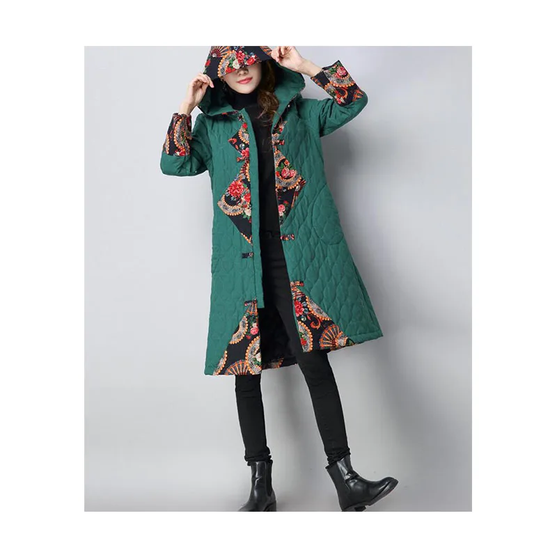 Теплая осенне зимняя парка с капюшоном пальто для женщин винтажный принт