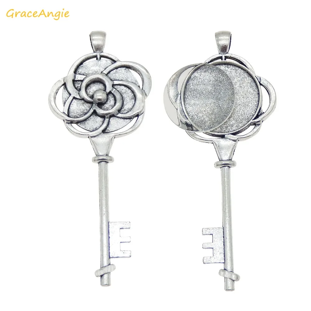 GraceAngie Antique Silver Flower key shape Cabochon Pendant Alloy Charms with Glass Cameo For DIY Necklace Making Findings | Украшения и