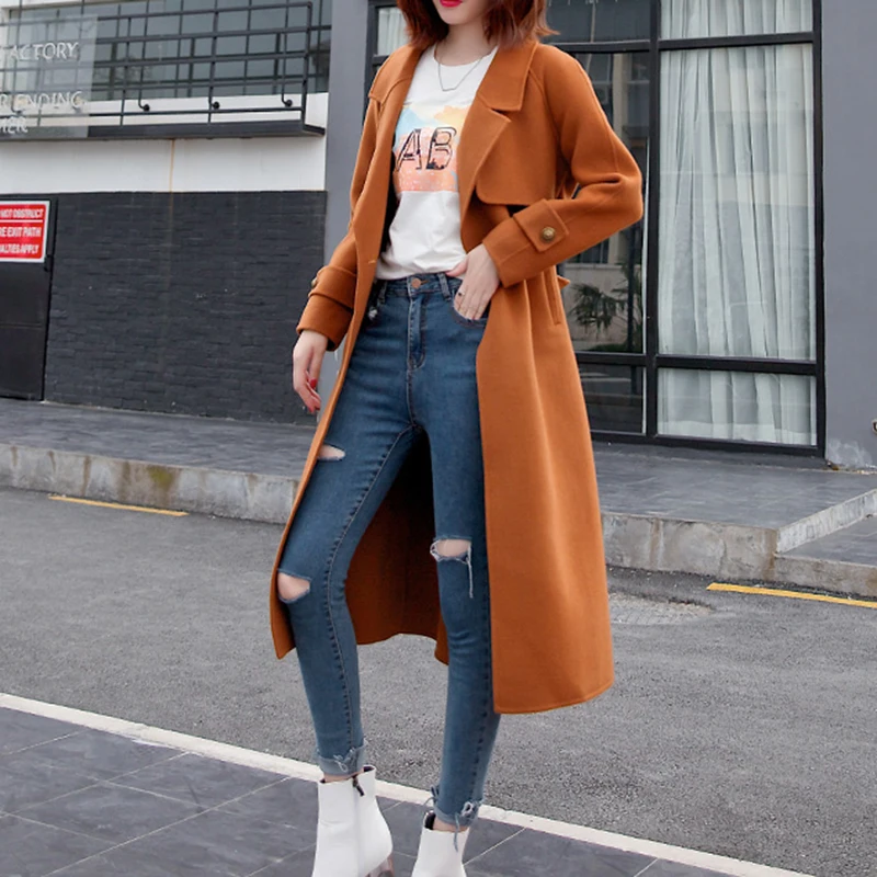 Новинка, женское кашемировое пальто высокого качества ручной работы, шерстяное осеннее и зимнее пальто с поясом, двустороннее шерстяное пальто