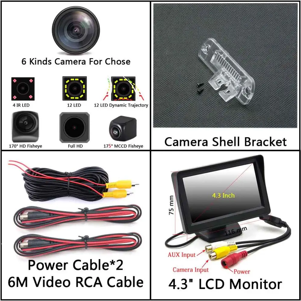 Camera 4.3 inch LCD 175 градусов рыбий глаз MCCD 12LED HD камера заднего вида для Mercedes Benz R GLS SLK CLS класс ML350 W220 W203 W211 W209 W219 R171 - Название цвета: Camera 4.3 inch LCD