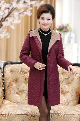 Dark red Women Parkas Thick Jacket Winter Coat Long Middle-aged Hooded Warm Cotton Outwear Plus Size 4XL Elderly Mom Padded Velvet Coats - Цвет: Dark red