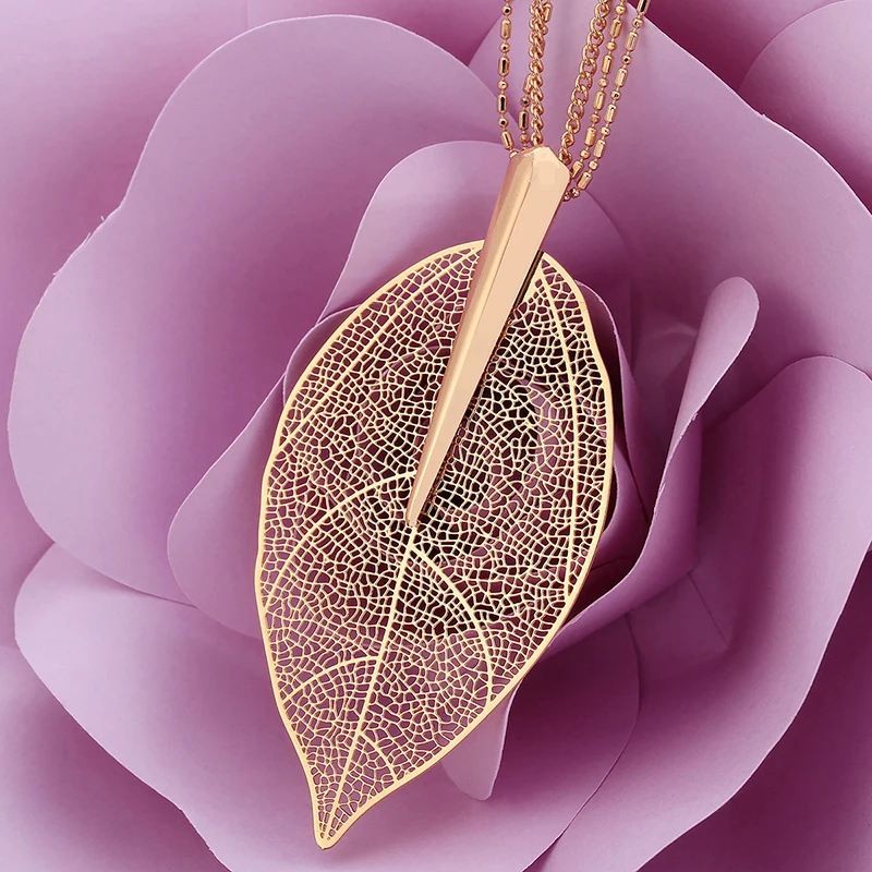 Женское ожерелье с подвеской в виде листа золотого цвета длинное многослойное