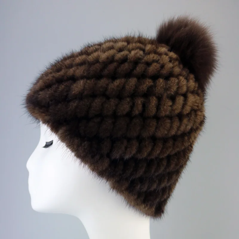 Зимняя вязаная женская шапка MPPM в русском стиле из меха норки с помпоном лисьего