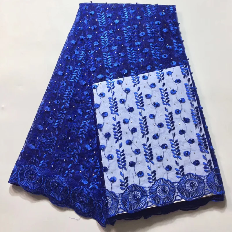 

(5yards/pc) Wholesales price African French net lace fabric in plain royal blue with lots of beads for making party dress FJS54