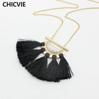 chicvie white beads and black tassel long necklace for women bohemia gold maxi necklace wedding jewelry collier femme sne160160