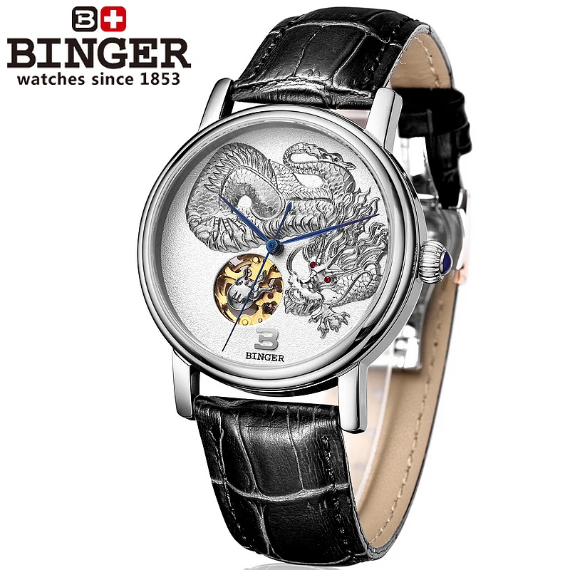 Мужские автоматические механические часы BINGER с рельефным 3d рельефом и кожаным
