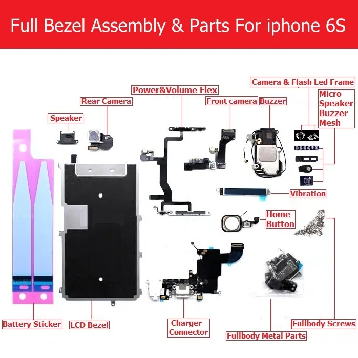 For 6s-Full-parts Полный набор ободок в сборе для iPhone 6 6p 6s 6s p Зарядное устройство usb/lcd ободок/камера/динамик/вибрация/винт/кронштейн/зуммер/wifi запчасти - Цвет: For 6s-Full-parts