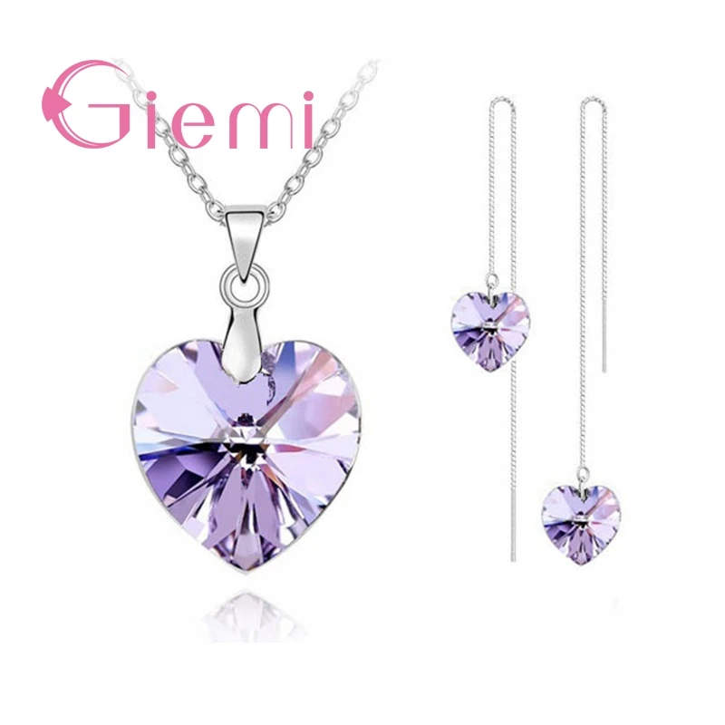 Authentic 925 Sterling Silver Jewelry Sets for Women Girls Gifts Austrian Crystal Heart Pendant Necklace Thread Earrings Chain