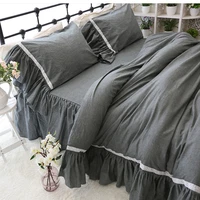 free shipping washe cotton princess big ruffles bedding set twin full queen king size nordic style dark gray bed skirt yyx