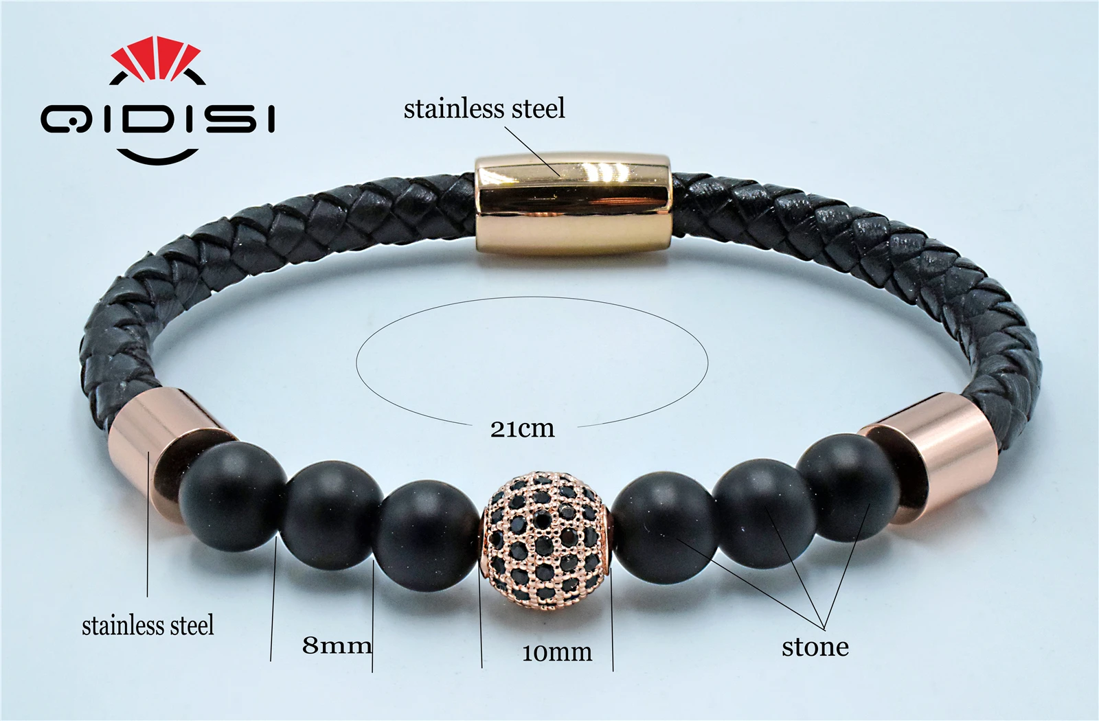 Men Women 8mm Energy Stone Beads Yoga Bracelet Stainless Steel Leather CZ Cubic Zirconia | Украшения и аксессуары