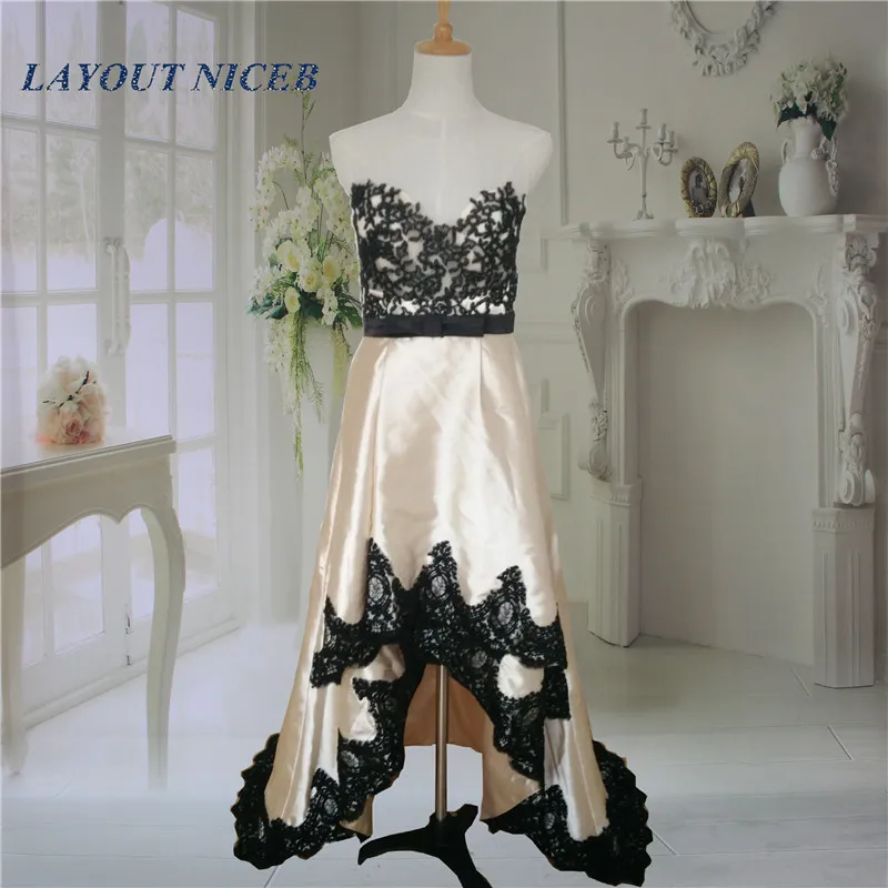 Шампанское Высокая Низкая вечерние платья 2017 чёрные кружевные аппликации плюс