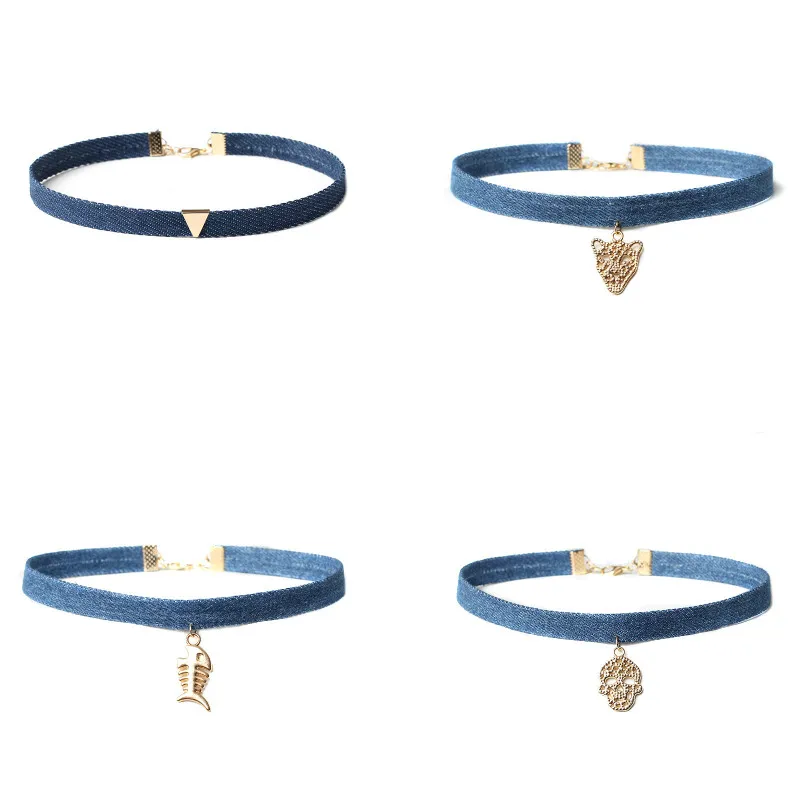 Новинка 2017 чокер из голубого денима ожерелье для женщин золотые треугольные