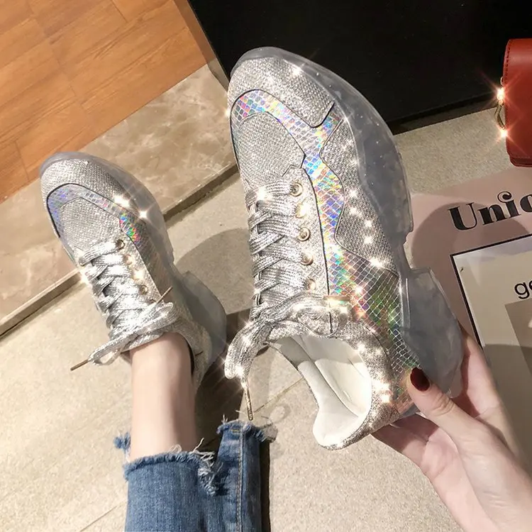 2019 New Women's Full Diamond Rhinestones Jelly Shoes Thick-soled Ins Lace Old Sneakers Plafform Girl | Обувь