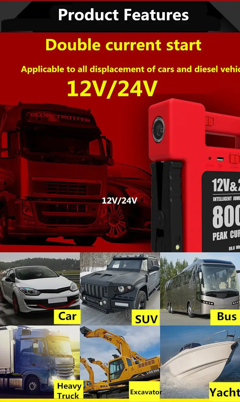 24000mA 12 В/24 В светодиодный USB автомобильный стартер, портативный внешний аккумулятор, запасное зарядное устройство, аварийный стартер для автомобиля, грузовика, внедорожника, лодки, мотоцикла