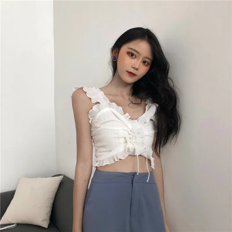 Chic Sling Crinkle Chiffon Tank Tops Lace Drawstring Camis Sexy Thin High Waist Pleated Vest Short Sleeveless shirts 2018 | Женская