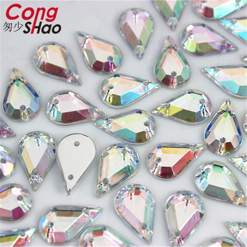 Cong Shao 100Pcs Gold Color Clear AB Drop Acrylic flatback Rhinestone stones and crystals sewing 2 Hole DIY Garment Button WC220 | Дом и сад