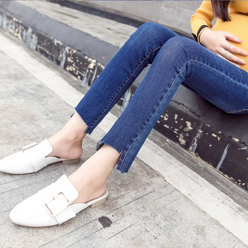 Goaryunve 2019 Spring New Pregnant Women Trousers Bootleg Tassel Hem Ankle-length Abdominal Pants Maternity Jeans with Pockets | Мать и
