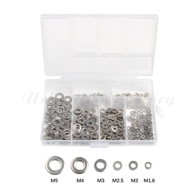 

500Pcs/set DIN125 M1.6/M2/M2.5/M3/M4/M5 304 Stainless Steel Flat Washer Plain Washer Gaskets Assortment Kit