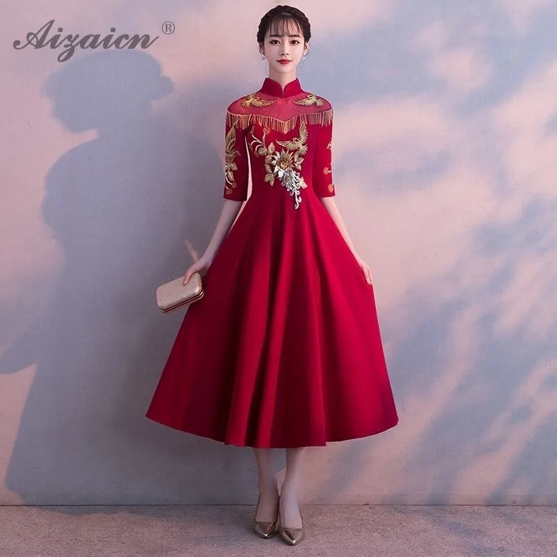 Современное красное платье Ципао с вышивкой бахромой Длинные вечерние платья Qi