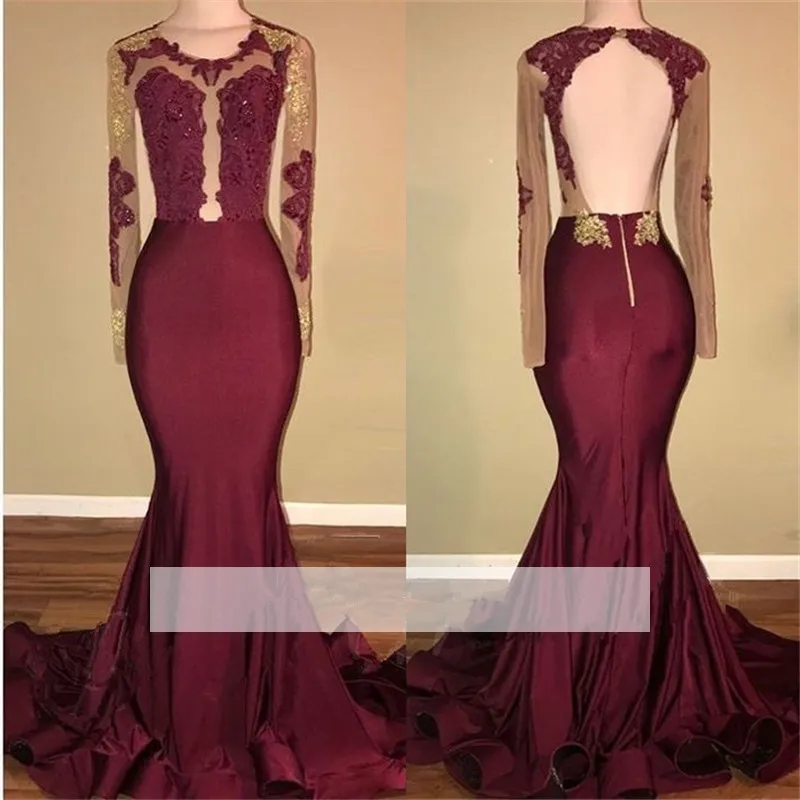 

Burgundy Prom Dresses Mermaid Long Sleeves Beaded Lace Backless Party Maxys Long Prom Gown Evening Dresses Robe De Soiree