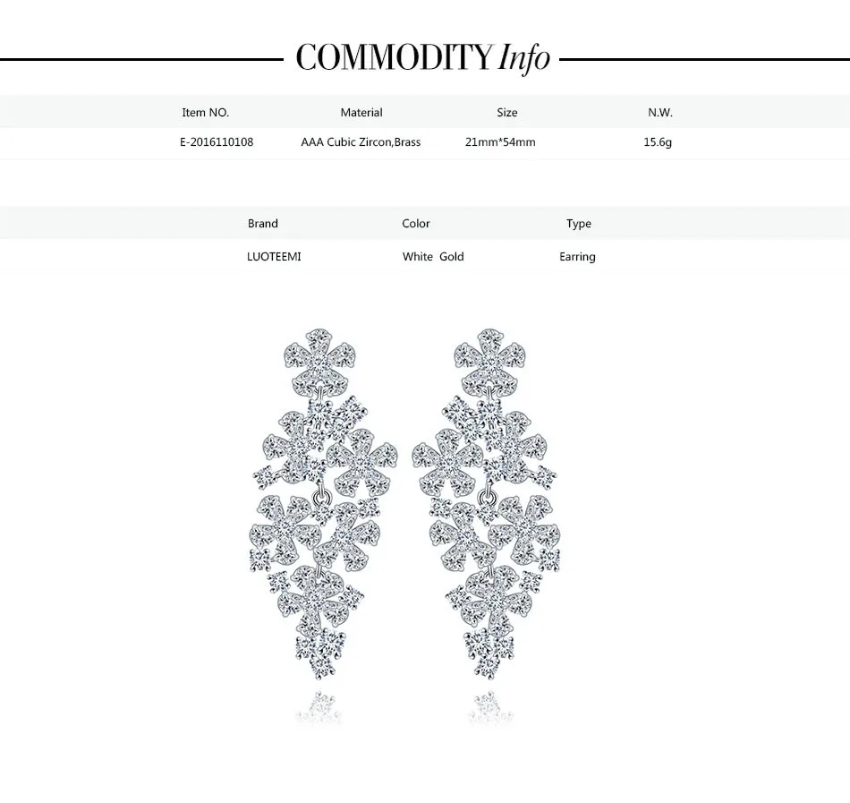 Luoteemi Фирменная Новинка цветы Форма Bijoux Шинг CZ кристально белого золота-Цвет Jewelry Висячие серьги для Для женщин партии orecchini подарки