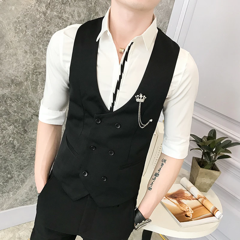 Повседневное черный костюм платья без рукавов для мужские куртки Hombre двубортное