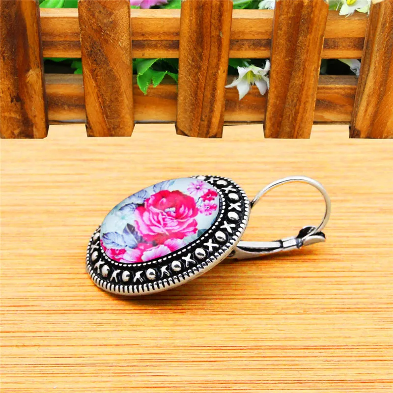 Oval Acrylic Rose Flower Earrings Vintage Pendant For Women Antique Silver Plated Fashion Jewelry TE445 |