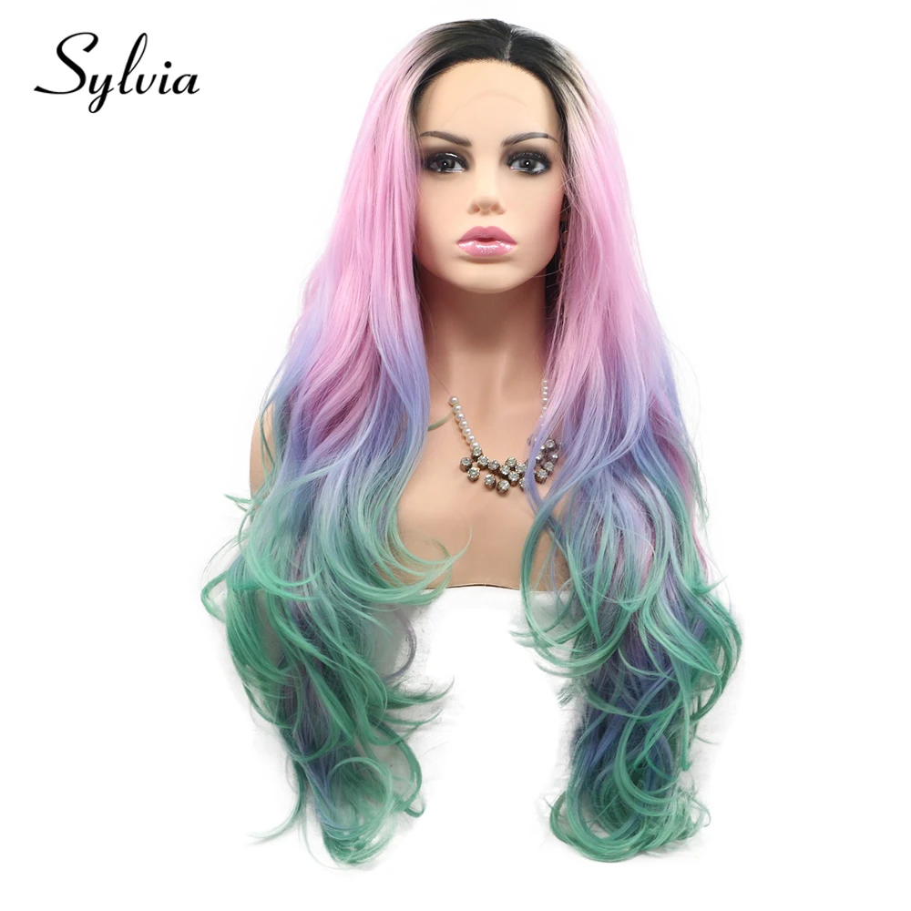 Sylvia зеленый розовый Омбре многоцветный синтетический парик с кружевом спереди