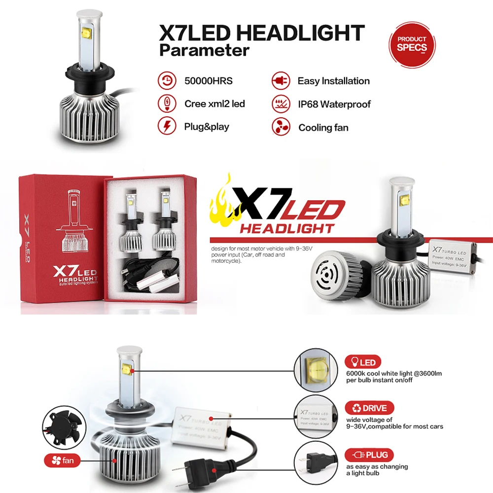 1 пара 80 Вт-120W X7 H7 H13 9004 Авто светодиодный головной светильник 6000K Высокое Мощность