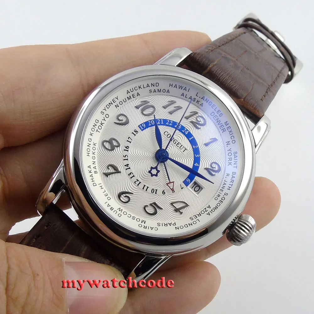 Автоматические Мужские и женские часы 43 мм с белым циферблатом синим GMT окошком