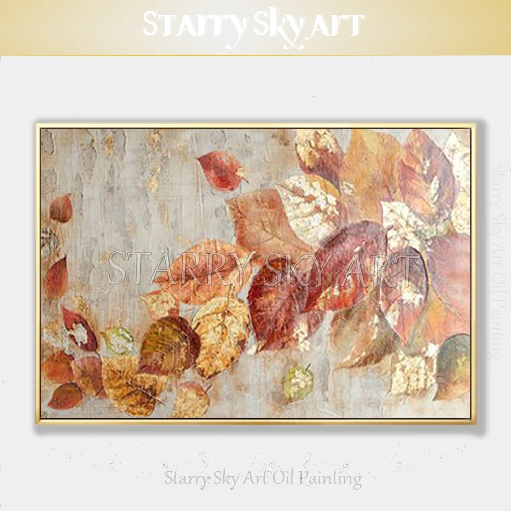 

Artist New Design Hand-painted High Quality Golden Leaves Oil Painting on Canvas Wall Art Gold Foil and Red Leaves Oil Painting