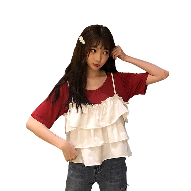 

casual ruffles Women's Clothing T-Shirts o-neck black fashion brand white loose Korean summer style two piece set ladies tops