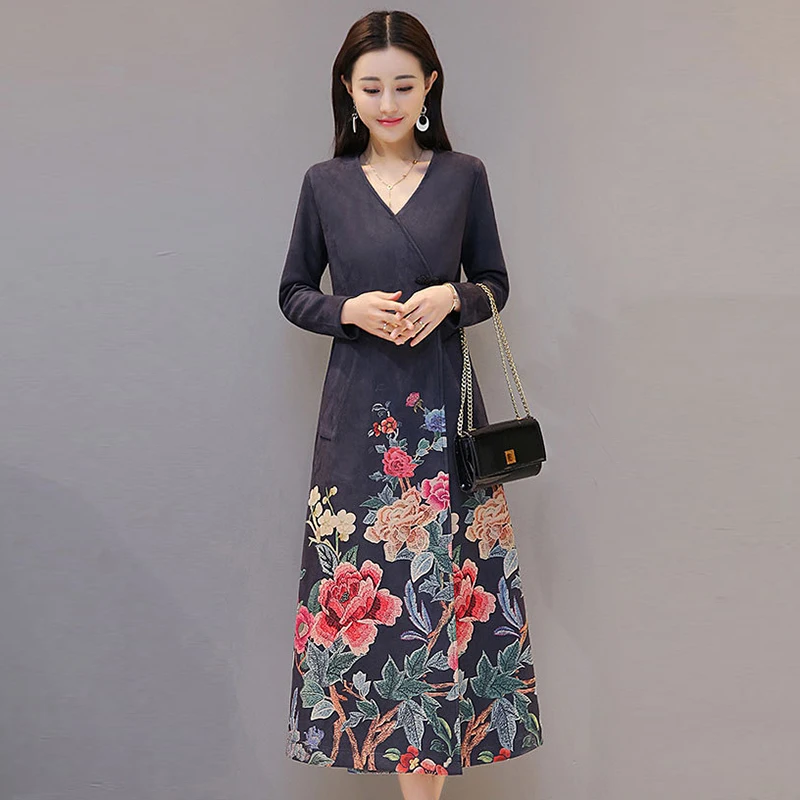 Женское винтажное платье с v-образным вырезом пуговицами и длинным рукавом