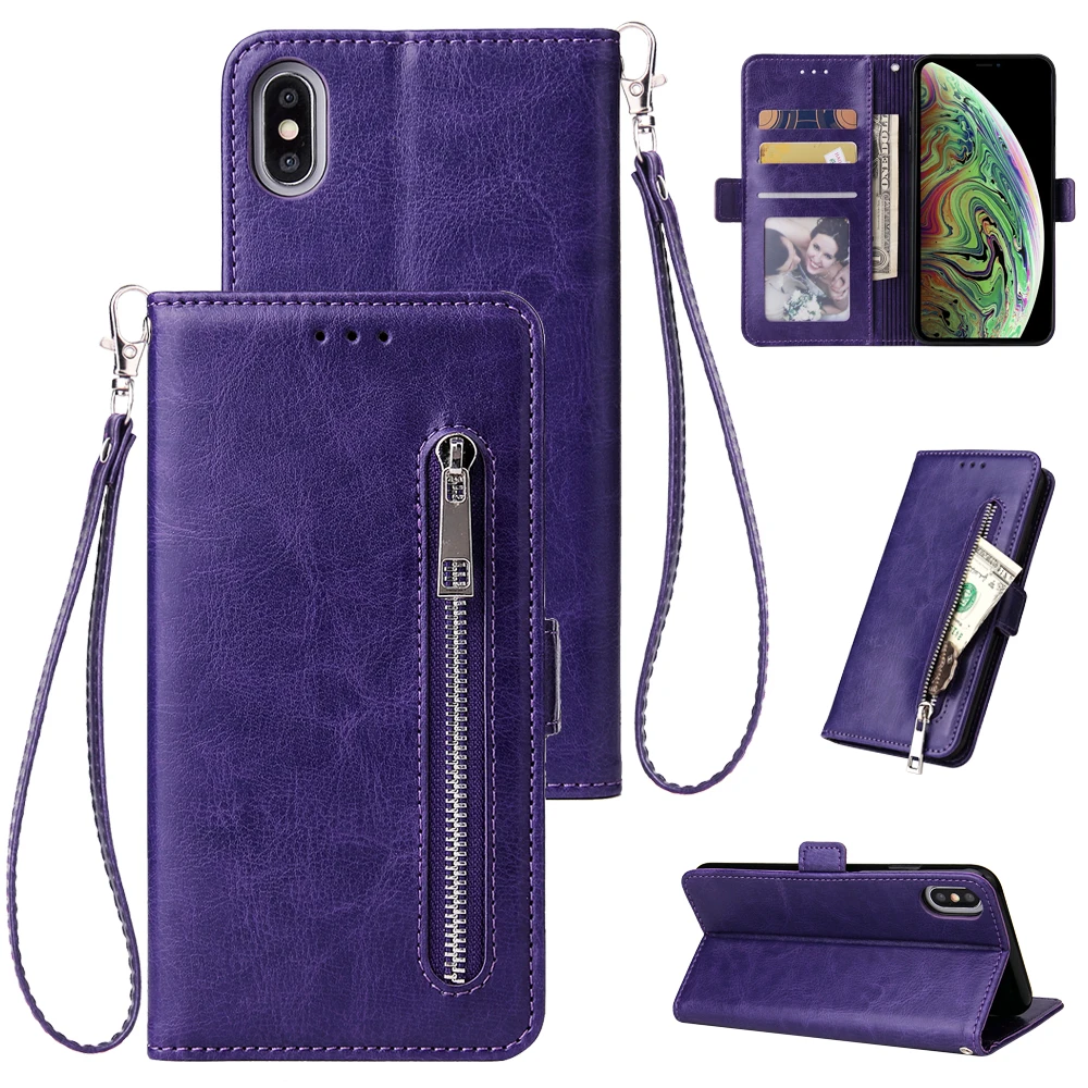 Purple Кожаный чехол на застежке-молнии в стиле ретро для iPhone XS Max XR X 10 7 8 6, чехол-книжка с бумажником для iPhone 11 Pro Max 6 6s 7 8 Plus, чехол для телефона s - Цвет: Purple