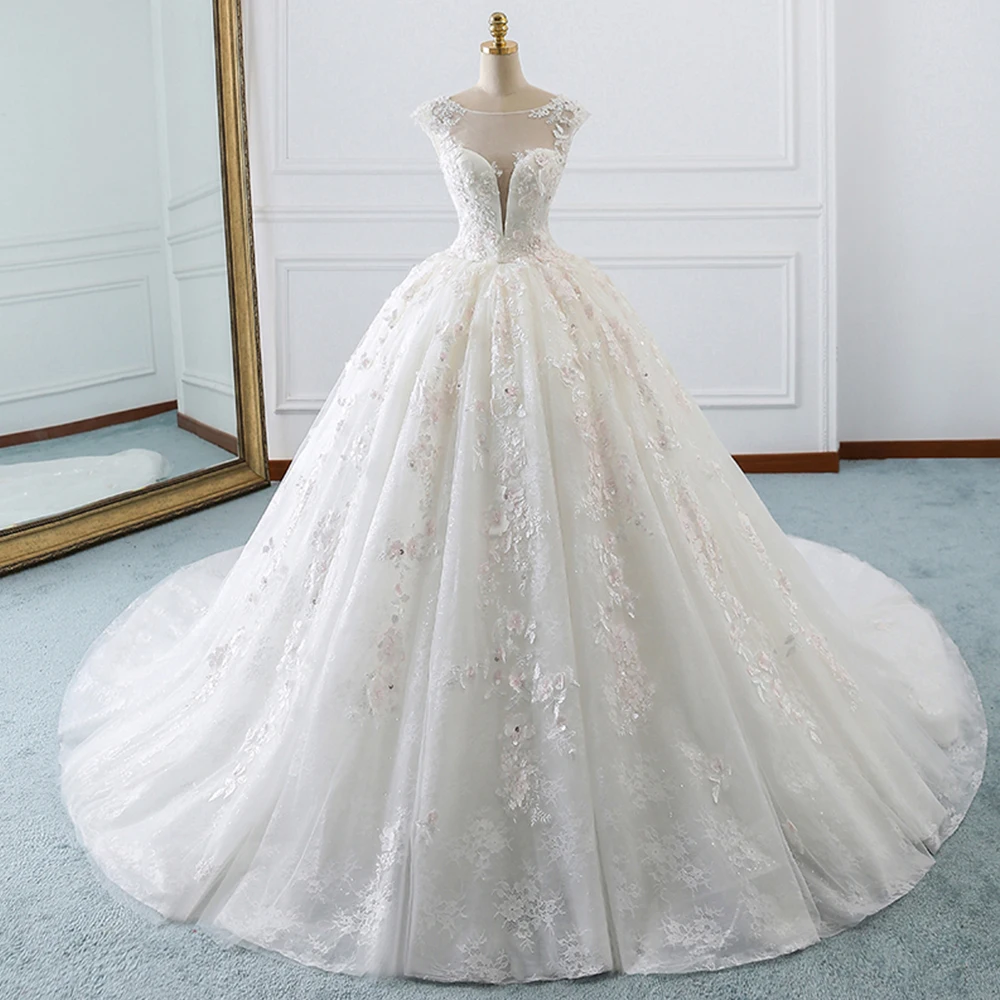 Jark Tozr Robe De Mariee Cap Sleeve Beading Sequins Appliques Lace Flowers Princess Ball Gown Wedding Dresses Plus Size Gelinlik | Свадьбы и