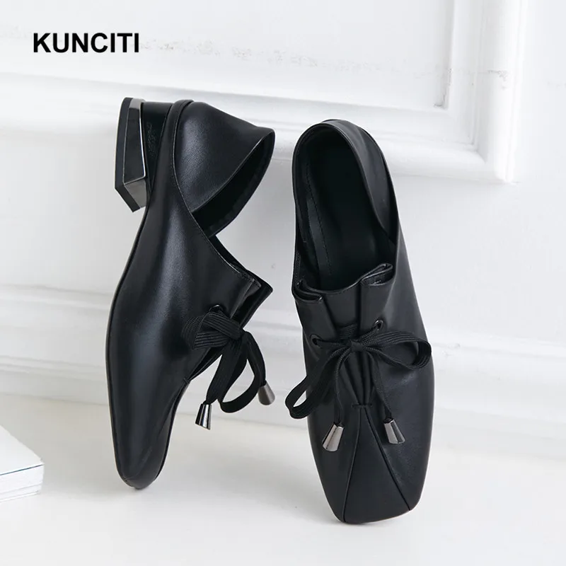 KUNCITI/; женские лоферы на низком каблуке с квадратным носком; обувь из натуральной кожи на толстом каблуке со шнуровкой; женские пикантные Туфли-гладиаторы; F83