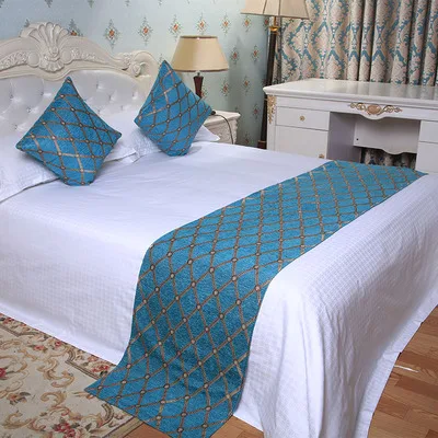 

Veemi Chenille Blue Lattice Bedding Bed Flag European Mediterranean Style Bed Table Runner Towel Home Hotel Wedding Decorations