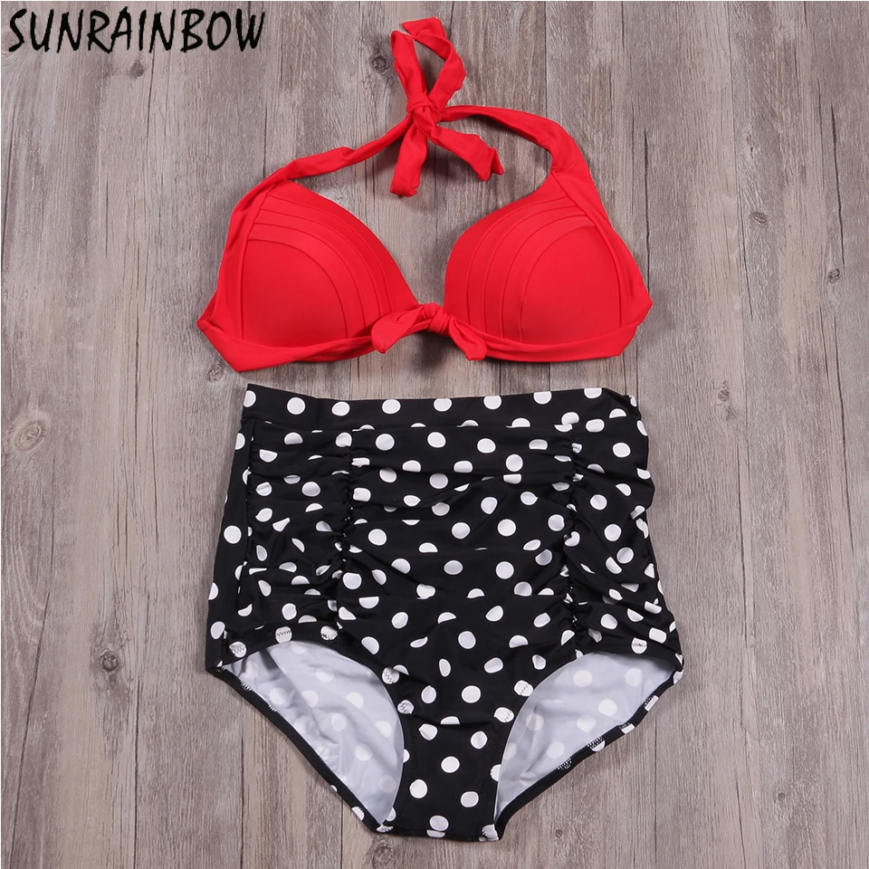 SUNRAINBOW 2019 Bikini Set New High Waist Push Up Swimsuit Bikinis Women Solid Print Swimwear Vintage Retro Halter Bathing Suit |
