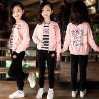 2021 spring fall girls fashion cotton clothing 3 pcs set korean childrens coat striped t shirt pants kids sports suit x355