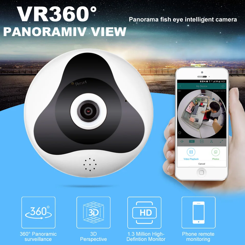 Wi Fi мини IP Камера 360 градусов охранных Беспроводной панорамный Fisheye CCTV 1.3MP 960 P HD
