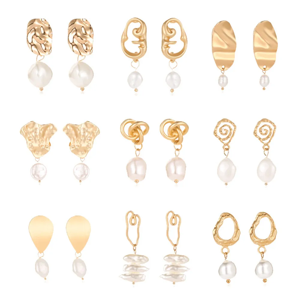 32 стиля Модные металлические жемчужные Висячие серьги гипоаллергенные Золотые