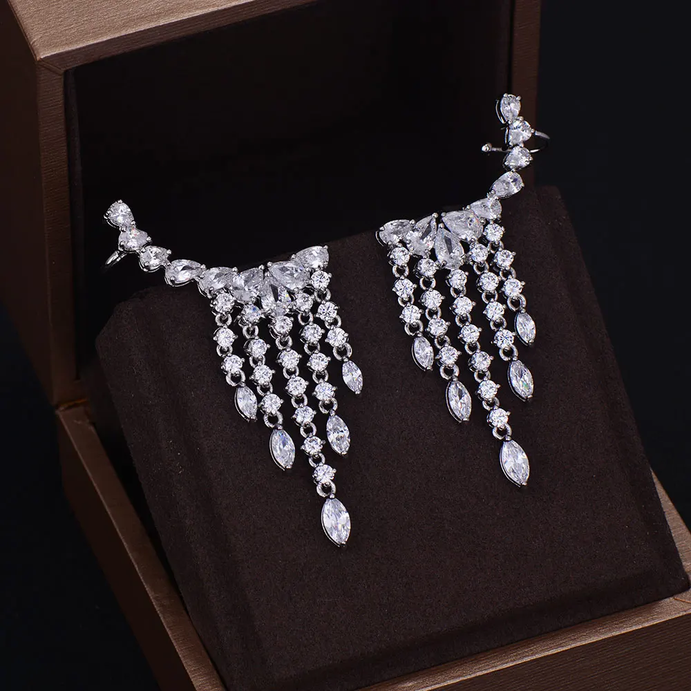 Женские серьги клипсы в форме капли воды с фианитом|wedding earrings for women|wedding drop