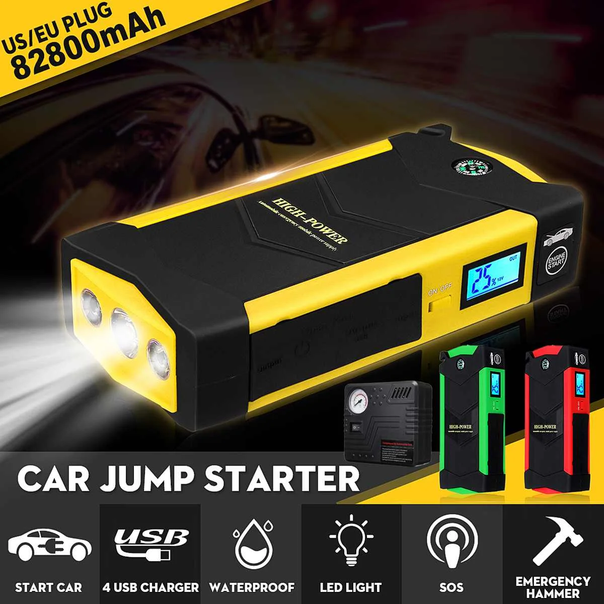 Портативный 82800mAh 4USB 12V 600A светодиодный стартер для автомобиля аварийное зарядное устройство аккумулятор внешний аккумулятор автомобильный усилитель пусковое устройство