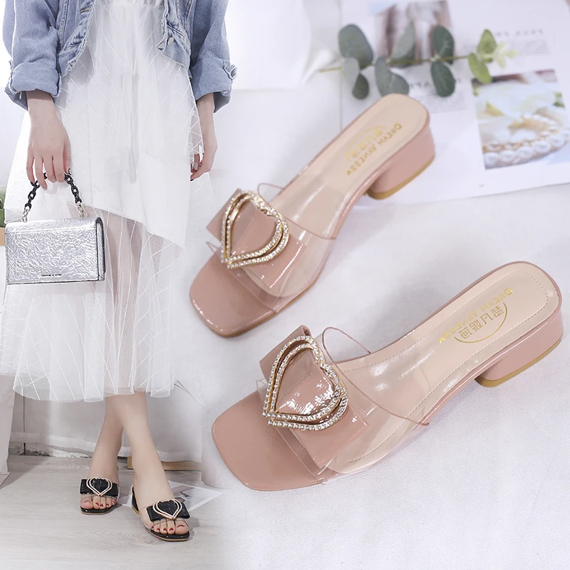 Женская обувь с рисунком сердца Для женщин прозрачные шлепанцы без задника