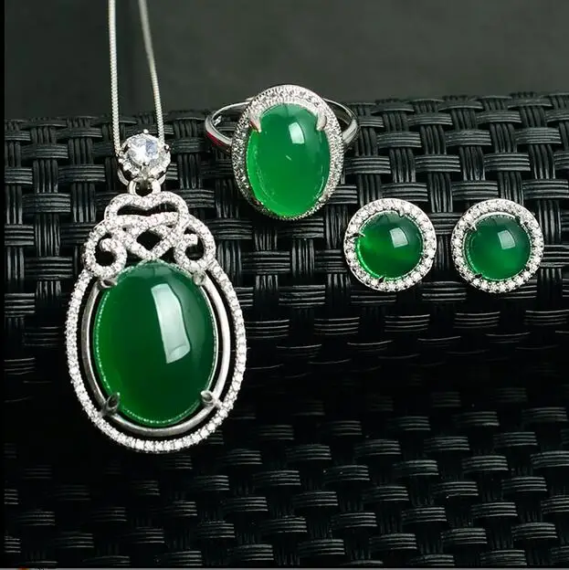 925 sterling silver natural chalcedony pendant ring ear studs set fashion ladies three pieces jewelry gift | Украшения и