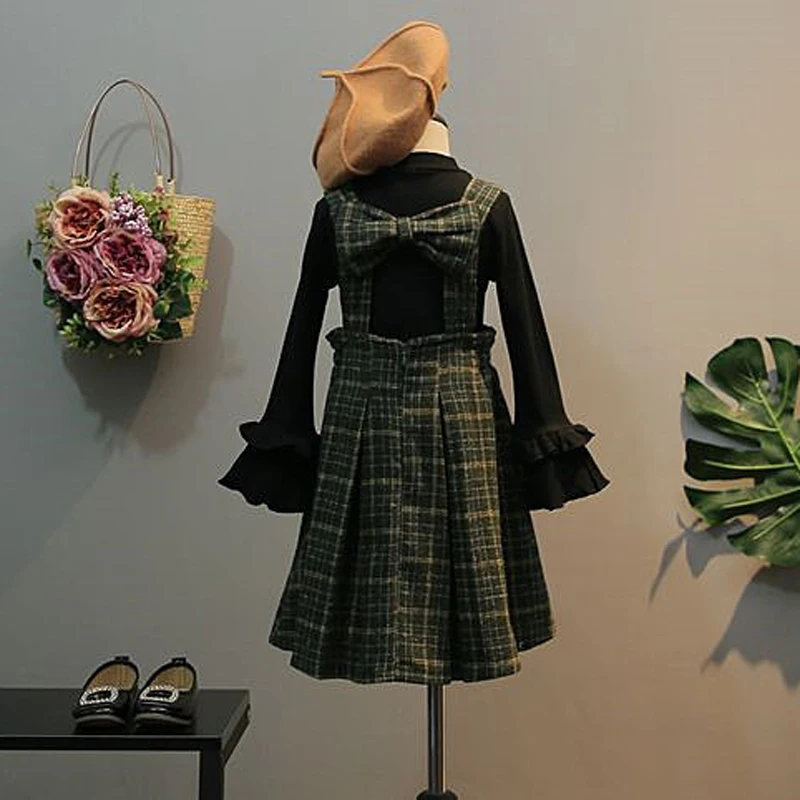 Hurave O-Neck ruffles Long Sleeve t-shirt + plaid suspenders bow Dress sets Children clothes Kids cotton Baby Girl suits 2pcs | Детская