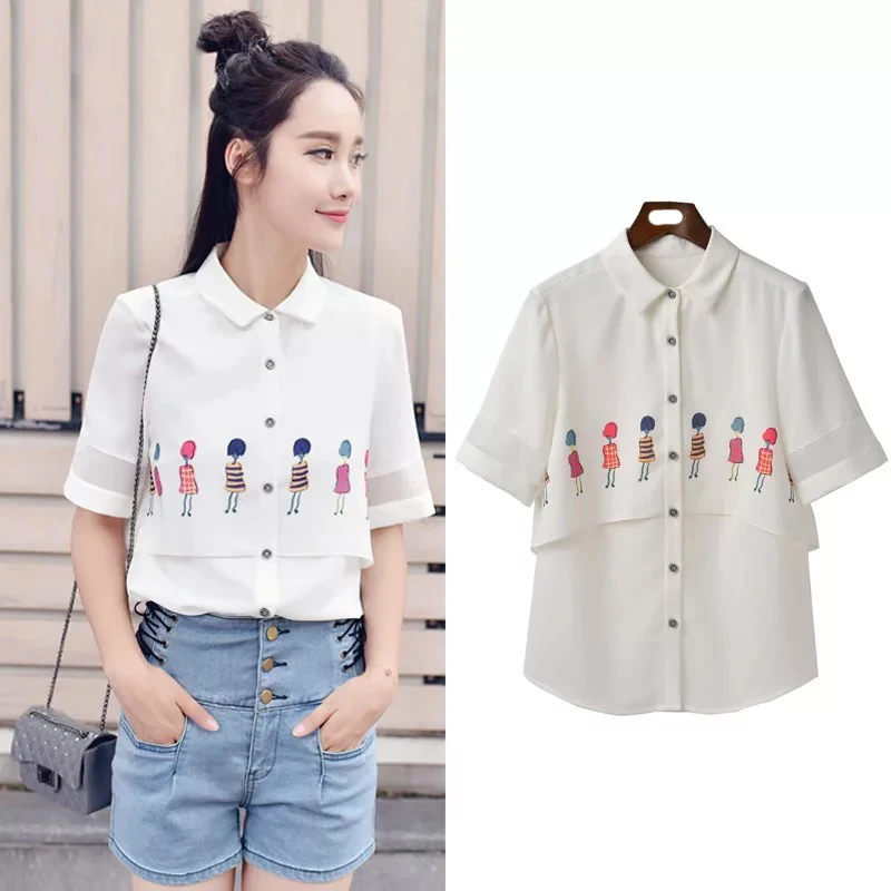 2017 Новое лето шифон женщины рубашка повседневная Мультфильм печати блузки