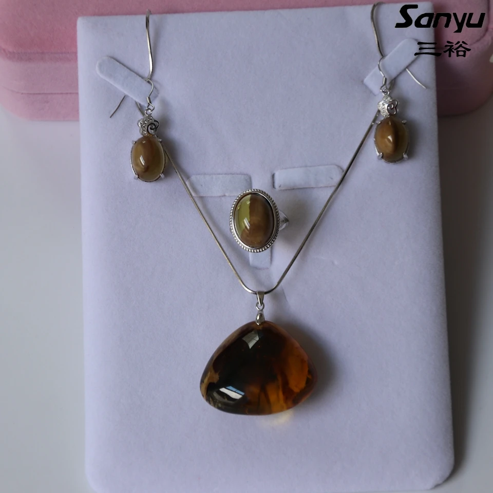 Оригинальный бирманский янтарь + 925 набор украшений Стерлинговый