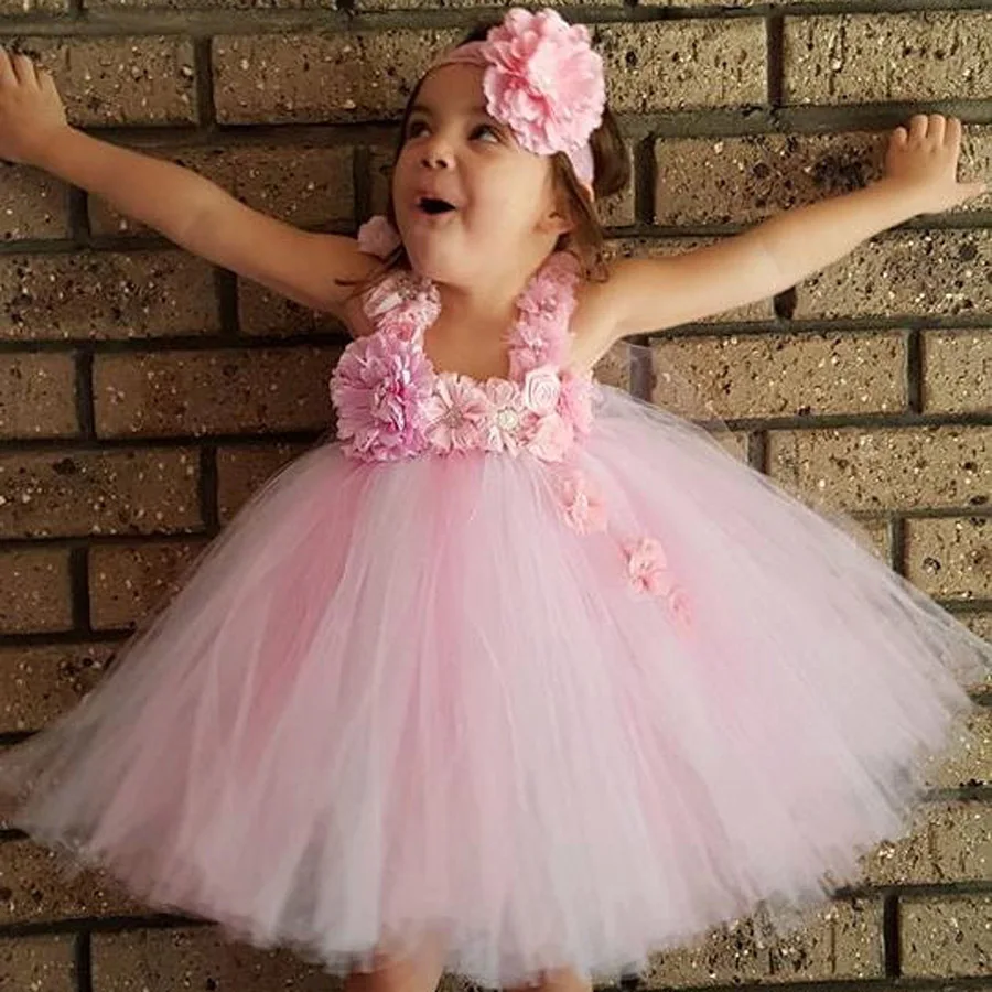 Pink and White Knee Length Tutu Dress with Headband Flower Girl Princess for Birthday Photo Wedding TS110 | Детская одежда и обувь