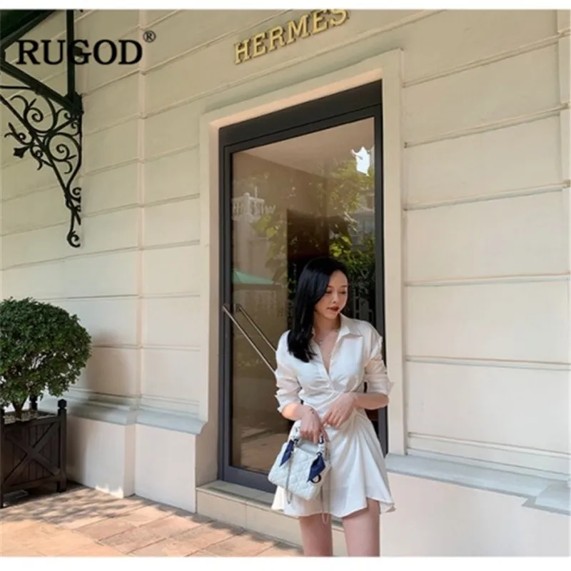 RUGOD однотонное винтажное женское платье рубашка с длинными рукавами элегантное